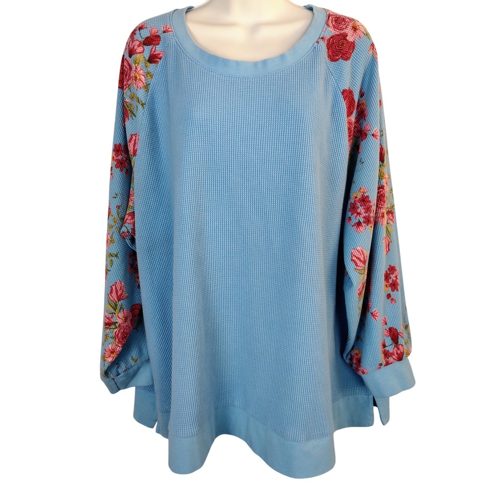 Light Blue Waffle Knit Thermal Top with Floral Embroidered Sleeves Crew Neck
